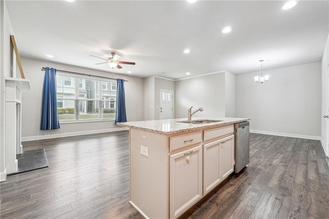 791 Belrose Dr, Smyrna, GA 30080 - kitchen with a sink, stainless steel dishwasher, dark wood finished floors, ceiling fan, and a chandelier