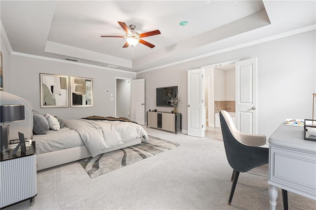 791 Belrose Dr, Smyrna, GA 30080 - bedroom with a tray ceiling, light colored carpet, ornamental molding, and a ceiling fan