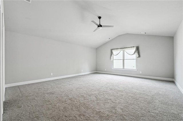 bonus room featuring visible vents, baseboards, lofted ceiling, ceiling fan, and carpet