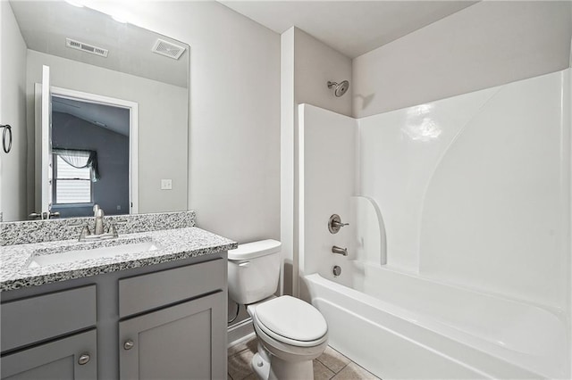 full bath featuring toilet, shower / bathtub combination, vanity, and visible vents