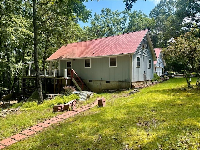 226 Hawk Hill Ln, Lakemont, GA 30552 - back of house featuring crawl space, stairs, a yard, a wooden deck, and metal roof
