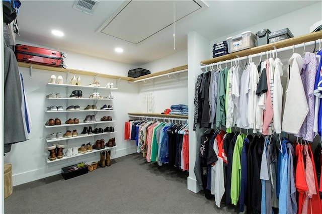 walk in closet featuring attic access, visible vents, and carpet flooring