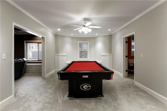 playroom featuring crown molding, light carpet, billiards, and baseboards