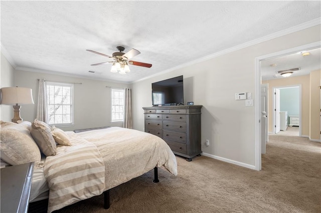 bedroom featuring baseboards, ornamental molding, and light colored carpet