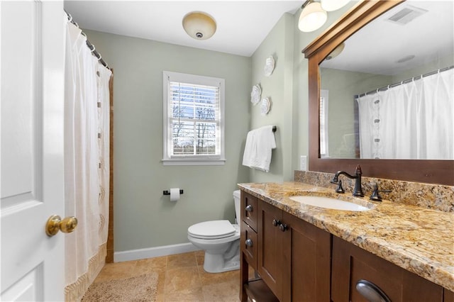 bathroom featuring toilet, visible vents, vanity, baseboards, and tile patterned floors