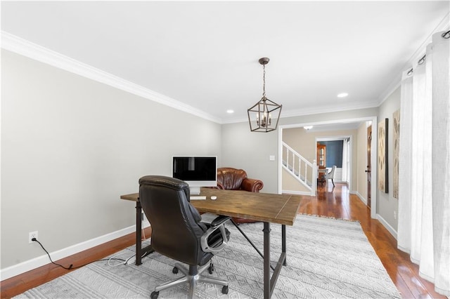 office with an inviting chandelier, crown molding, baseboards, and wood finished floors