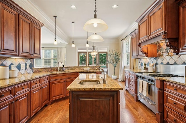 1211 Thornwell Dr, Brookhaven, GA 30319 - kitchen with a sink, high end range, tasteful backsplash, pendant lighting, and light wood-style floors