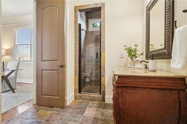 1211 Thornwell Dr, Brookhaven, GA 30319 - full bath with baseboards, crown molding, a stall shower, vanity, and stone finish flooring