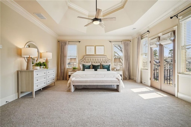 1211 Thornwell Dr, Brookhaven, GA 30319 - carpeted bedroom with access to exterior, ornamental molding, a raised ceiling, and ceiling fan