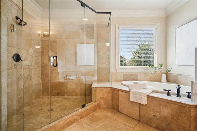 1211 Thornwell Dr, Brookhaven, GA 30319 - bathroom featuring a garden tub, tile patterned flooring, ornamental molding, and a stall shower