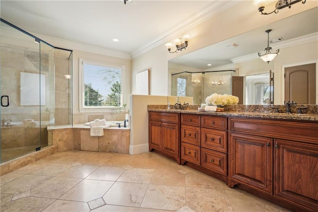1211 Thornwell Dr, Brookhaven, GA 30319 - bathroom with double vanity, a garden tub, a shower stall, crown molding, and recessed lighting