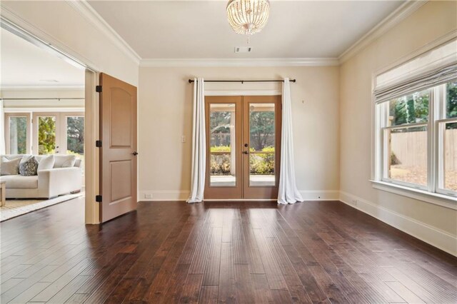 1211 Thornwell Dr, Brookhaven, GA 30319 - foyer with french doors, dark wood-style flooring, ornamental molding, baseboards, and a chandelier