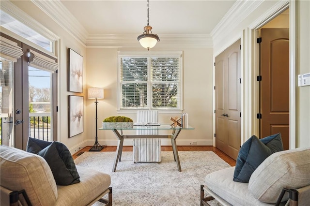 1211 Thornwell Dr, Brookhaven, GA 30319 - office with wood finished floors, crown molding, baseboards, and french doors