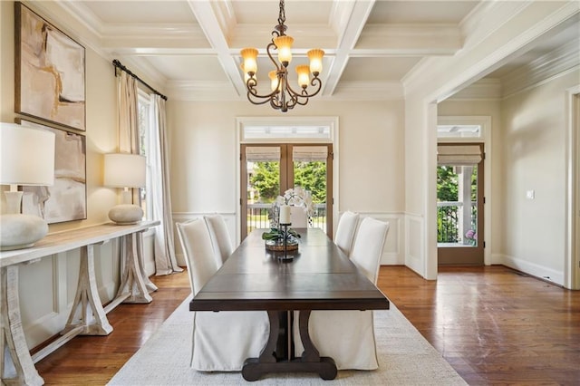 1211 Thornwell Dr, Brookhaven, GA 30319 - dining area with healthy amount of natural light, coffered ceiling, a chandelier, dark wood-style flooring, and beam ceiling