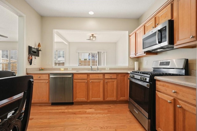 kitchen featuring stainless steel appliances, sink, and light hardwood / wood-style floors