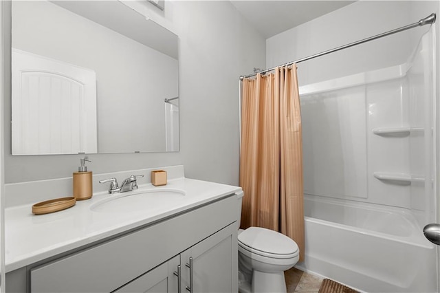 full bathroom with toilet, vanity, shower / tub combo, and tile patterned floors