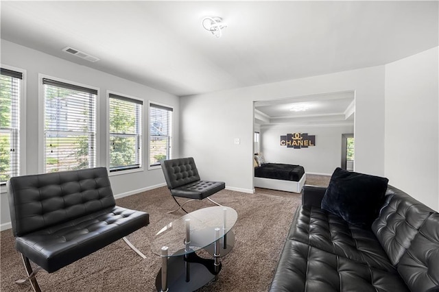 living room featuring carpet, healthy amount of natural light, baseboards, and crown molding