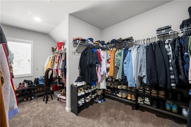 walk in closet with carpet flooring and vaulted ceiling