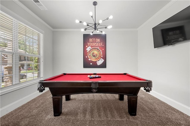 game room with carpet, billiards table, crown molding, and baseboards