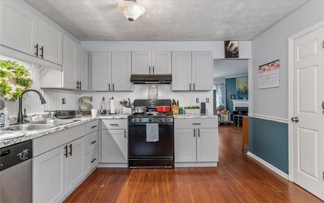 kitchen with sink, dishwasher, black gas stove, white cabinetry, and dark hardwood / wood-style flooring