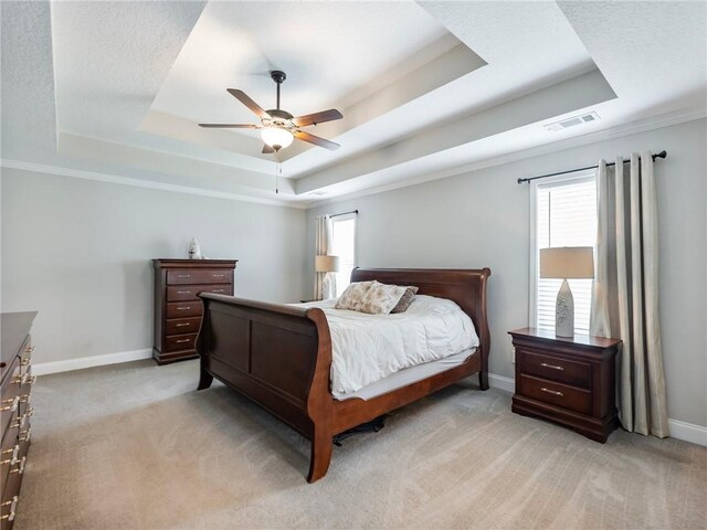 132 Mcmillian Ct, Winder, GA 30680 - bedroom with a tray ceiling, multiple windows, light colored carpet, baseboards, and ornamental molding