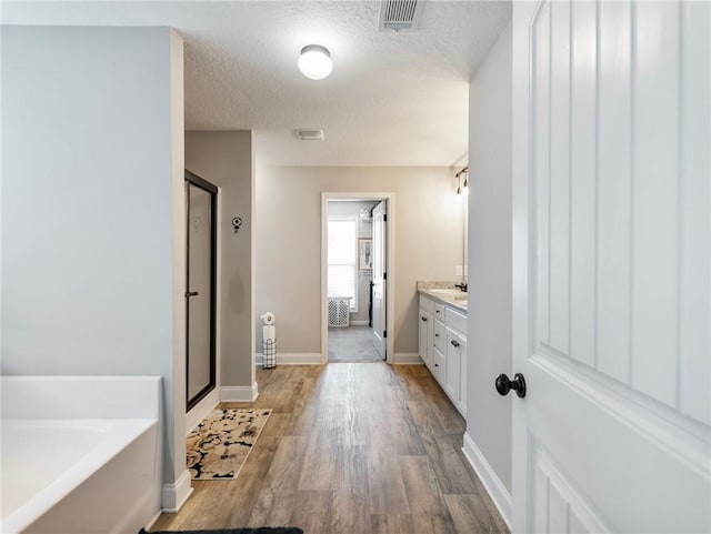 132 Mcmillian Ct, Winder, GA 30680 - bathroom featuring a bath, a stall shower, vanity, wood finished floors, and baseboards