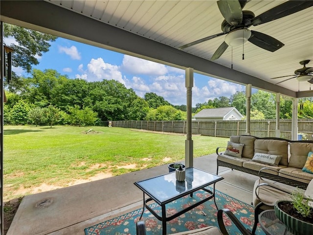 132 Mcmillian Ct, Winder, GA 30680 - view of patio featuring outdoor lounge area, ceiling fan, and view of wooded area