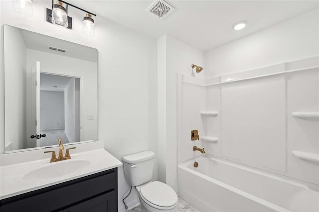 full bathroom featuring shower / washtub combination, toilet, and vanity