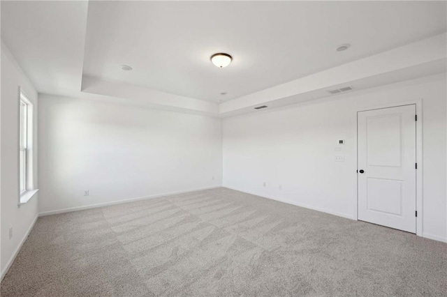 unfurnished room with a tray ceiling and light carpet