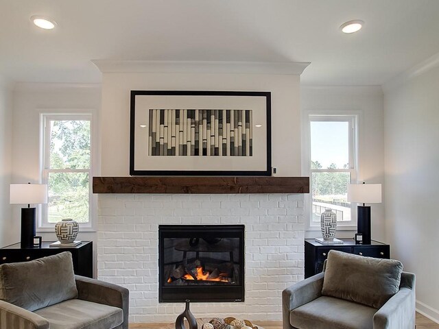 living room featuring ceiling fan, light wood-type flooring, ornamental molding, and a fireplace