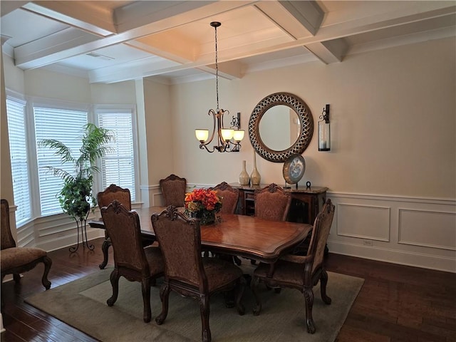 dining space with a notable chandelier, dark hardwood / wood-style flooring, beamed ceiling, and coffered ceiling