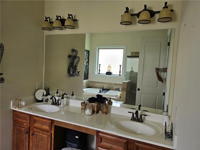 bathroom featuring separate shower and tub and vanity