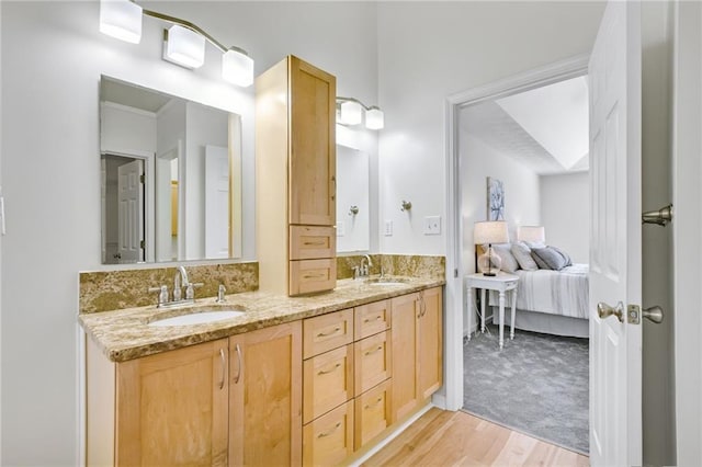 bathroom with vanity, wood-type flooring, and backsplash