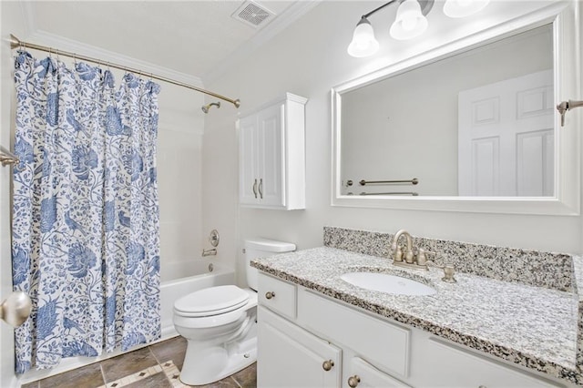 full bathroom featuring vanity, shower / bath combo, crown molding, and toilet