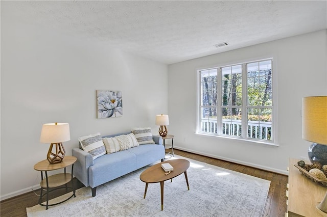 living room with dark hardwood / wood-style floors and a textured ceiling