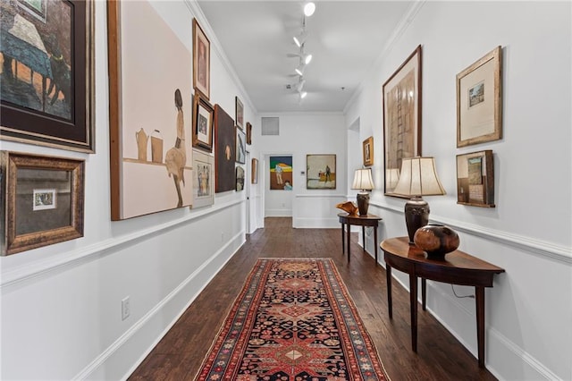 3101 Howell Mill Rd NW Unit 301, Atlanta, GA 30327 - hallway with dark wood-style floors, track lighting, baseboards, and ornamental molding