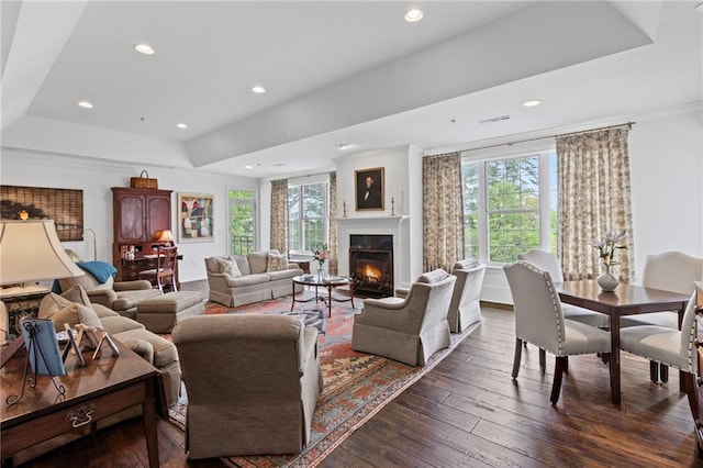 3101 Howell Mill Rd NW Unit 301, Atlanta, GA 30327 - living area with plenty of natural light, dark wood-type flooring, a glass covered fireplace, and recessed lighting