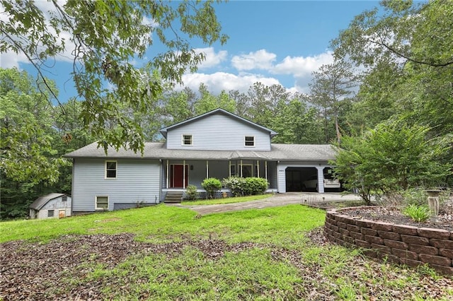 8464 Pleasant Hill Rd, Lithonia, GA 30058 - view of front of house featuring an attached garage, a porch, a front lawn, driveway, and roof with shingles