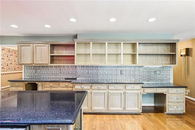 8464 Pleasant Hill Rd, Lithonia, GA 30058 - kitchen with open shelves, light wood-style floors, decorative backsplash, and recessed lighting