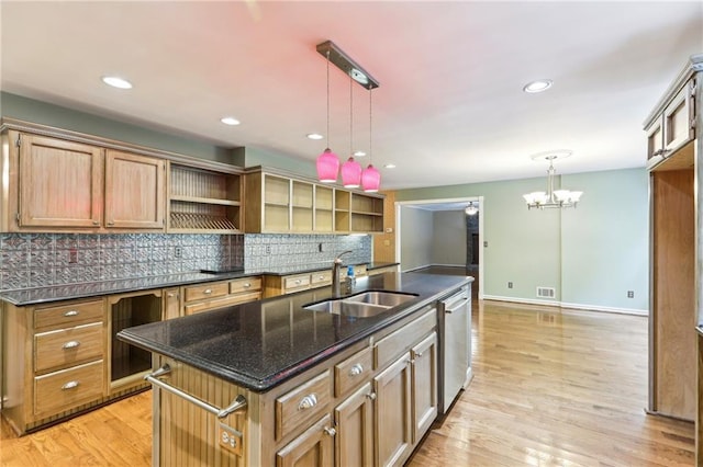 8464 Pleasant Hill Rd, Lithonia, GA 30058 - kitchen featuring a sink, open shelves, stainless steel dishwasher, a chandelier, and decorative backsplash