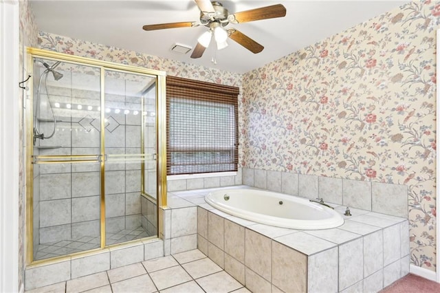 8464 Pleasant Hill Rd, Lithonia, GA 30058 - bathroom featuring wallpapered walls, a garden tub, a stall shower, and ceiling fan