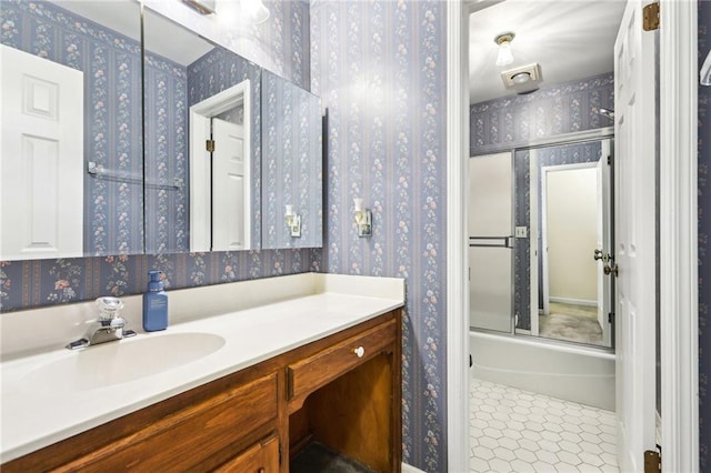 8464 Pleasant Hill Rd, Lithonia, GA 30058 - full bathroom with vanity, wallpapered walls, and tile patterned flooring
