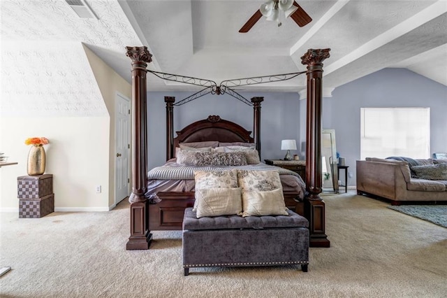 carpeted bedroom with a ceiling fan, lofted ceiling, baseboards, and visible vents