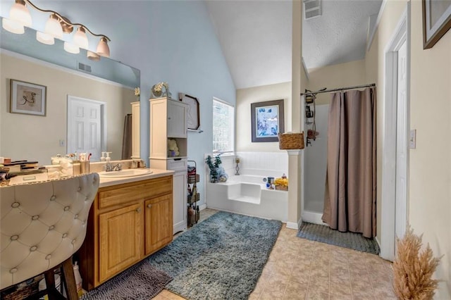 bathroom with visible vents, curtained shower, a garden tub, and vanity