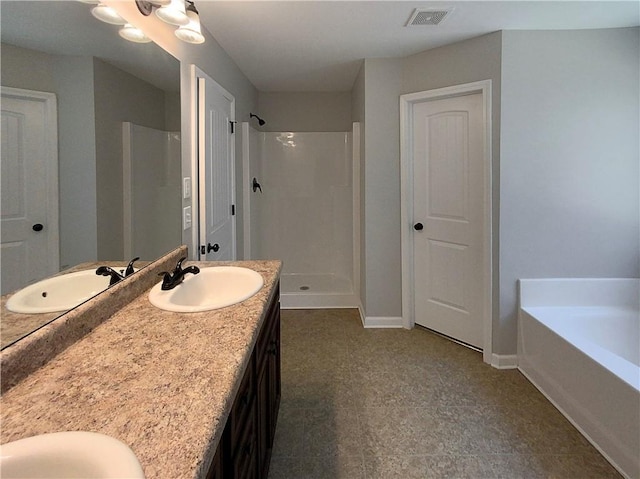 full bath with a walk in shower, double vanity, a sink, and visible vents