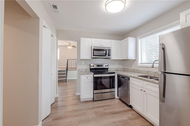 kitchen with light stone counters, sink, white cabinets, and stainless steel appliances