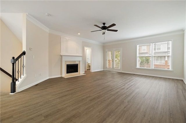 3382 Galleon Dr, Alpharetta, GA 30004 - unfurnished living room with a ceiling fan, dark wood-type flooring, baseboards, crown molding, and a fireplace