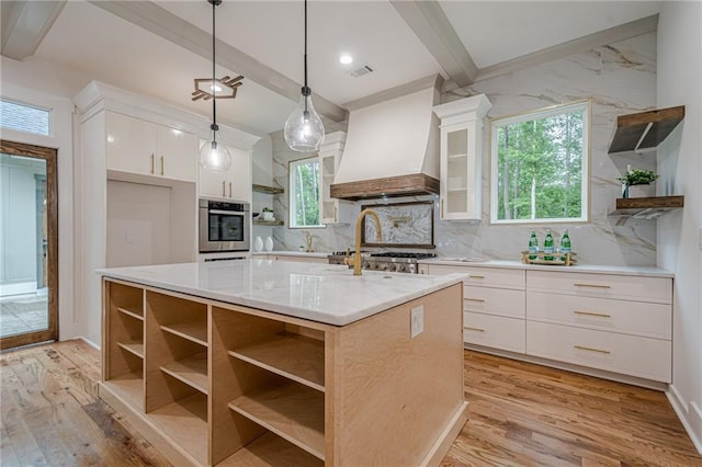 1273 Grayson Pkwy, Grayson, GA 30017 - kitchen featuring open shelves, stainless steel oven, white cabinetry, tasteful backsplash, and beamed ceiling