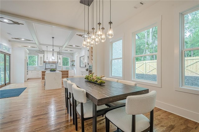 1273 Grayson Pkwy, Grayson, GA 30017 - dining space featuring coffered ceiling, light wood finished floors, baseboards, and beamed ceiling