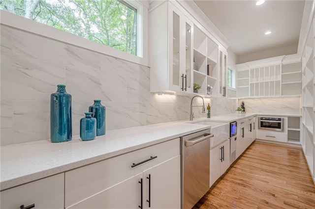 1273 Grayson Pkwy, Grayson, GA 30017 - kitchen featuring open shelves, stainless steel dishwasher, decorative backsplash, plenty of natural light, and recessed lighting